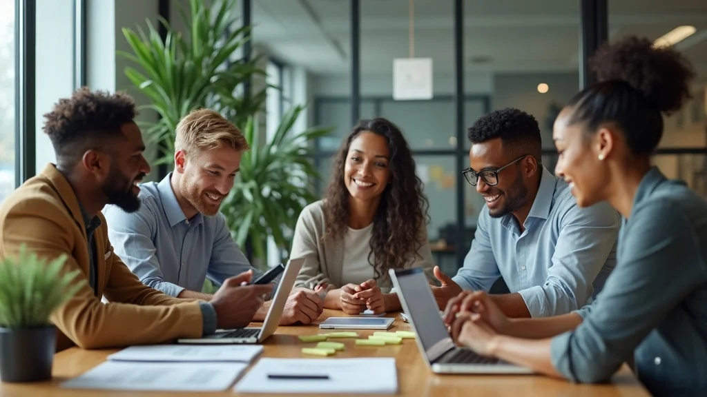 Diverse business, tech, and marketing experts collaborate, representing the multidisciplinary strength of Growth Officer IQ's fractional growth officer model