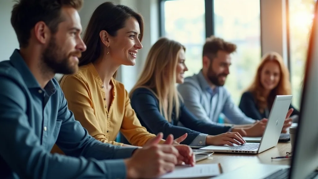 Small business marketing team collaborating using human-driven AI marketing strategies in a modern office