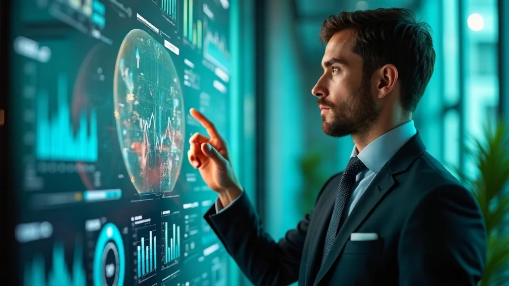 Futuristic entrepreneur analyzing AI-powered SEO analytics reports, illustrating AI-driven local SEO services in action